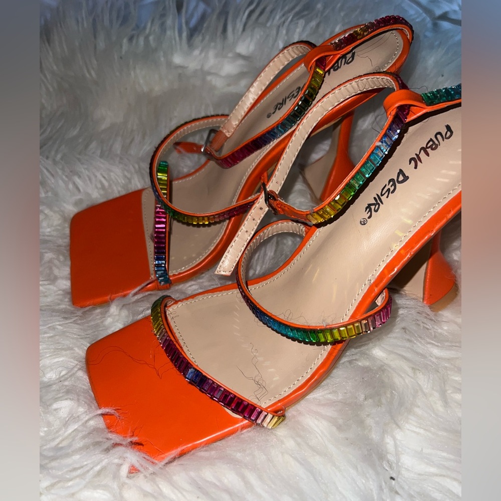 Beautiful orange rainbow strap heels